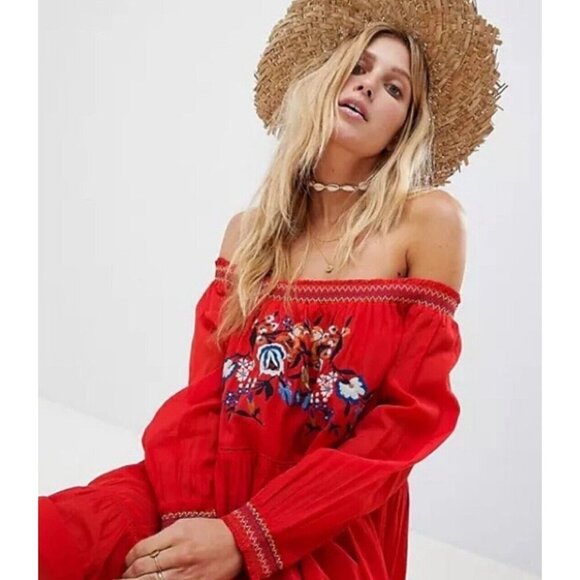 NEW! Free People Sunbeams Off the ShoulderDress Embroidered Boho Red SZ M - Picture 4 of 16